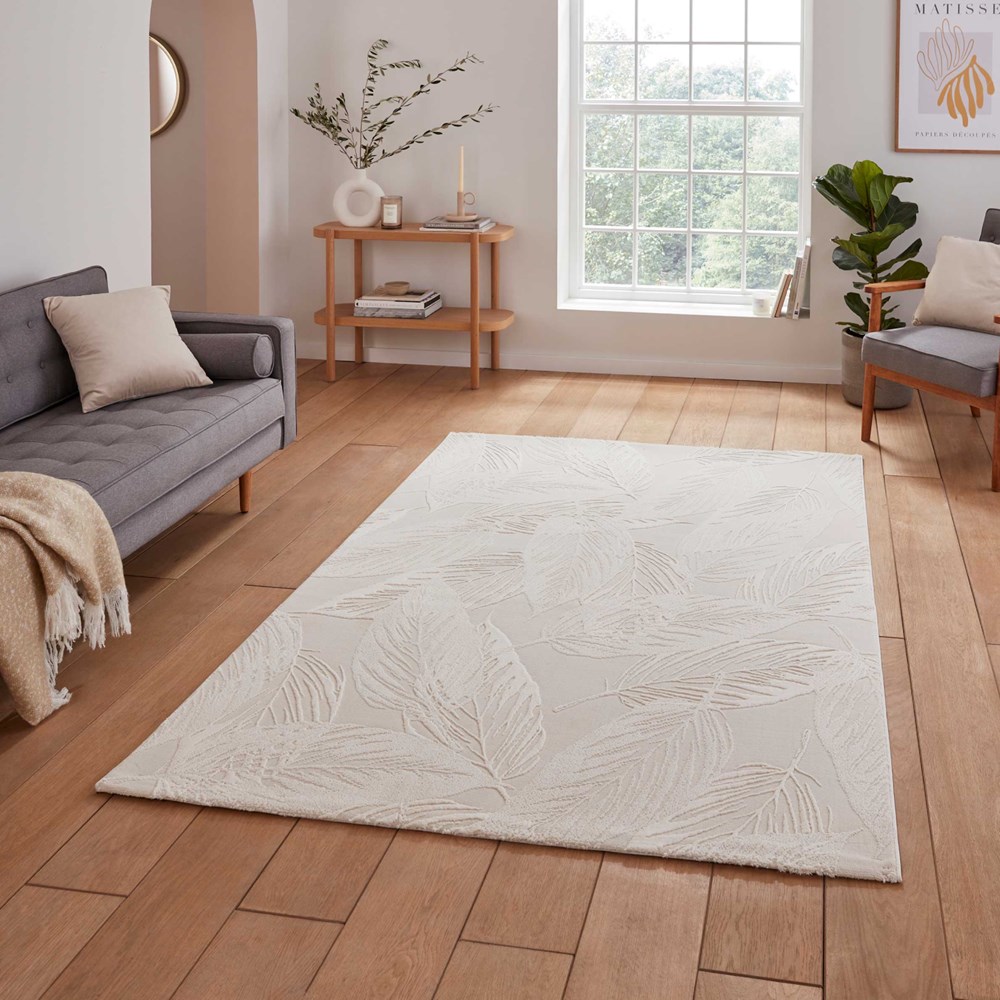 Flores 1925 Botanical Textured Washable Rug in Cream White